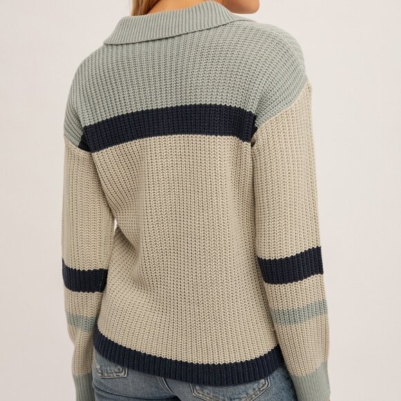 HEM & THREAD Striped Collared Knit Sweater, Navy Sage Beige Preppy Pullover - Picture 2 of 2